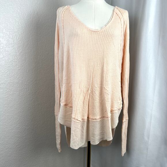 Free People Top Womens Medium Peach Catalina Waffle Knit Thermal Raw Edge Boho - Picture 1 of 14